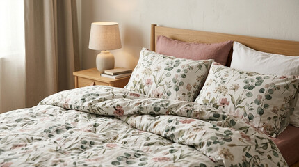Obraz premium Cozy Bedroom with Botanical Print Duvet and Pillows - Hygge Lifestyle