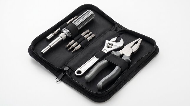 Portable household tool kit featuring a screwdriver with interchangeable bits along with adjustable wrench and metal pliers in black case