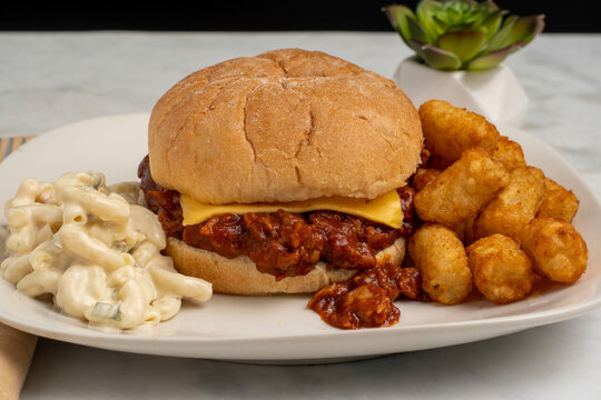  pulled pork  sandwich  with macaroni salad  and tots