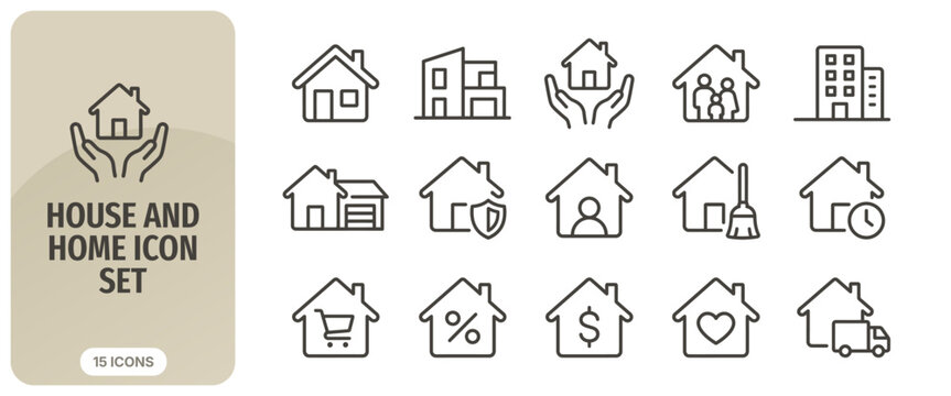Set of 15 house and home line icons, including real estate, property management, mortgage, cleaning, and moving services, vector illustration