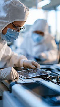 Two specialists in sterile suits taking silicon wafer from soldering jet printer and inspecting it at a bright electronics manufacturing facility hoods and masks obscuring faces aerial