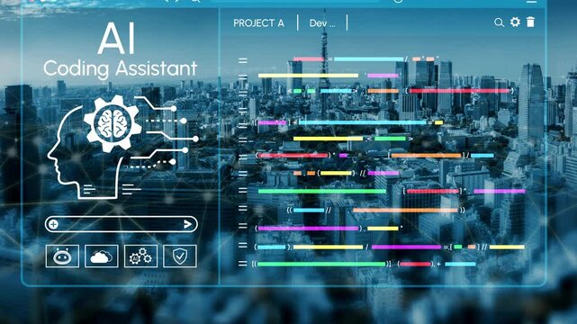 Futuristic AI Coding Assistant Concept with Visual Data Representation and Cityscape Background for Technology and Innovation Themes. Entropy.