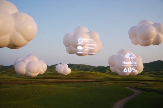Futuristic Clouds Displaying Weather Data Over Rolling Hills