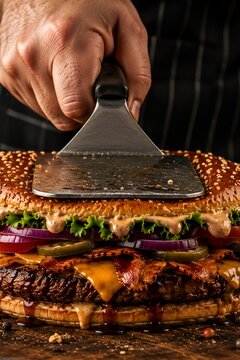 Chef Pressing Oversized Bacon Cheeseburger With Metal Spatula on Dark Background