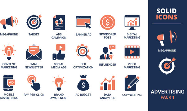 Set of digital marketing and advertising solid icons, vector illustration of marketing tools and business strategy