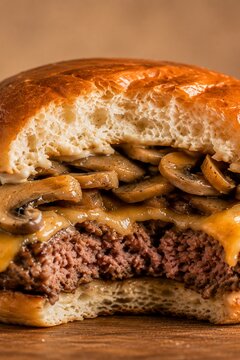 Extreme Close Up of Bitten Beef Cheeseburger With Saut&eacute;ed Mushrooms and Melted Cheese
