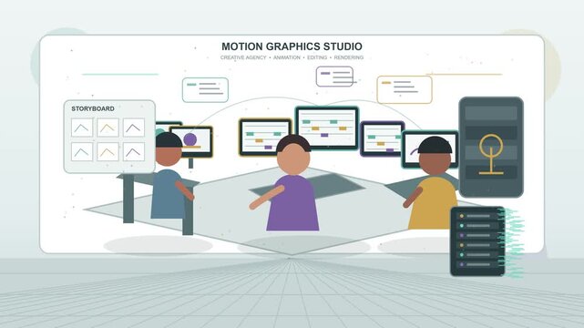Flat design 2D animation of a motion graphics studio with a creative team working on video editing, rendering, and storyboarding