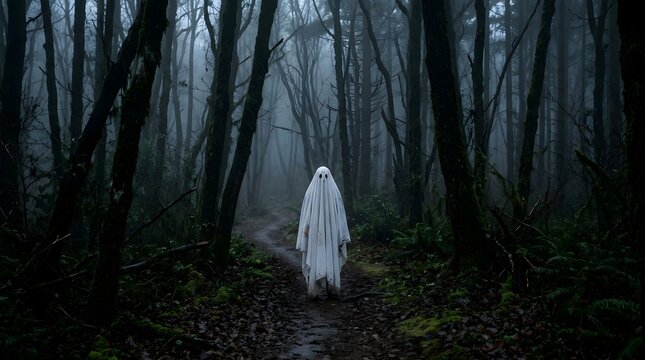  Eerie White Ghost Walking Along a Foggy Forest Trail at Night