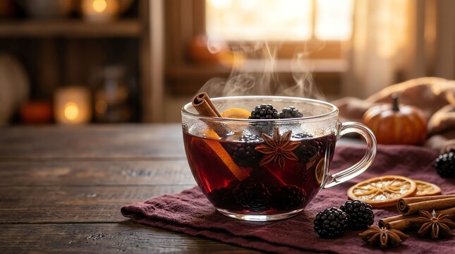 Steaming glass mug of mulled wine with cinnamon sticks and dried orange slices on a rustic wooden table