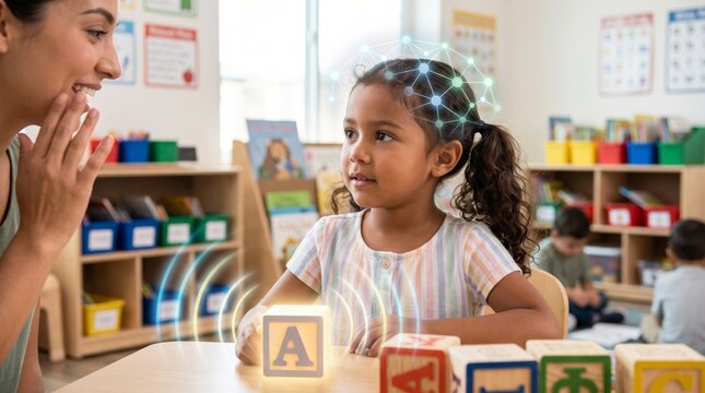 Teacher engaging a young girl with alphabet blocks in classroom. Augmented intelligence network overlay represents personalized learning, early education, child development, and educational