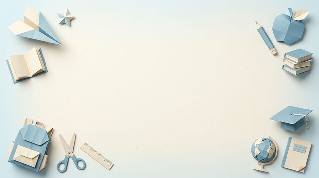 Back to school background with various stationery items arranged in a frame on a light blue surface