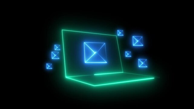 Neon laptop with neon lights in the back. Green screen leptop standing on table 4K video animation and black background.