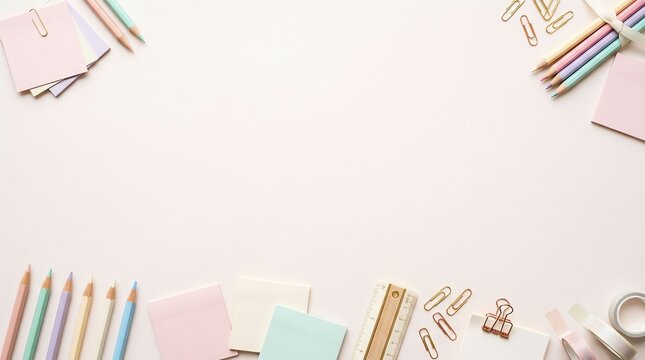 Flat lay of colorful school and office supplies arranged as a frame on a light background