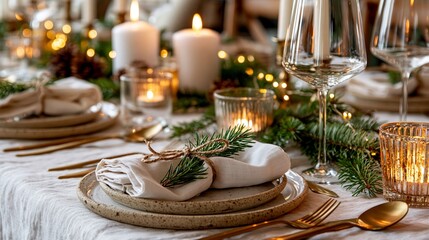 Fototapeta premium Elegant holiday table setting with candles, evergreen sprigs, gold cutlery, and rustic plates, creating a warm, festive atmosphere with soft lighting and cozy textures.