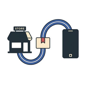 Modern flat illustration showing a connection between a physical store and a smartphone for online shopping and package delivery. Perfect for e-commerce, retail, and mobile commerce concepts.