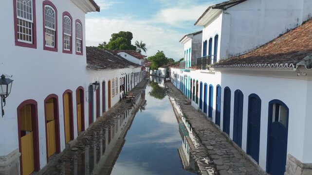 Aerial view of the flooded street of the colonial town of Paraty, Brazil