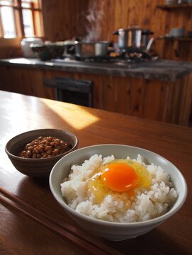 Japanese Breakfast: Rice with Egg Yolk and Nattō