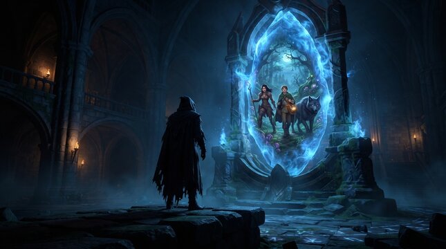 Dark figure observing magical portal in ruin, fantasy adventurers in glowing blue oval gate, gothic dungeon atmosphere, atmospheric magical scene, dungeon adventure concept art