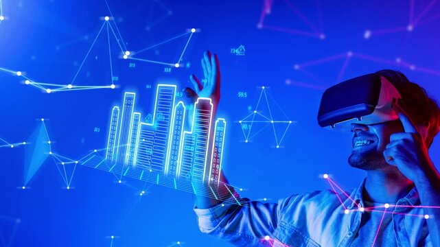 Man Using Virtual Reality Headset Interacting with 3D Digital Cityscape in Neon Colors Amidst Data Visualization Elements. Entropy.