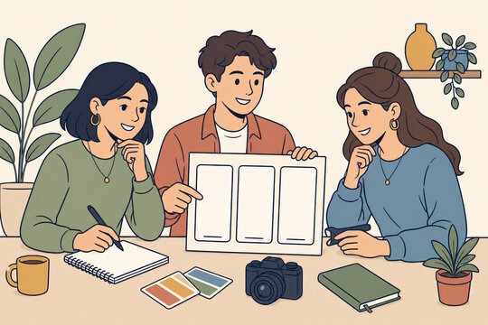 Creative team collaborating on content planning, developing visual stories, and brainstorming marketing ideas