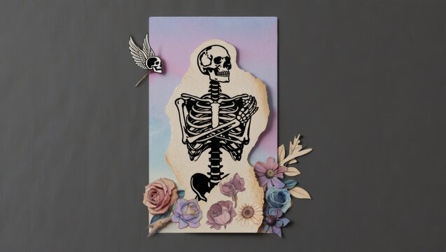 Skeleton with Flowers and Wings Skull