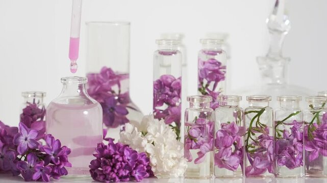 Pink Perfume Dripping Into Glass Bottle Among Purple Lilac Flowers