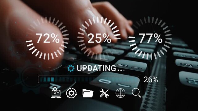 Close-up of Hands Typing on Keyboard during Progress Update with Percentage Indicators and Loading Bar Illustration for Digital Concepts. Entropy.