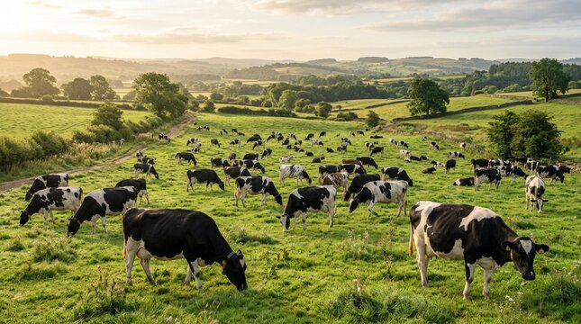 A large herd of Holstein cows grazing in a lush green pasture at sunset in a scenic rural countryside