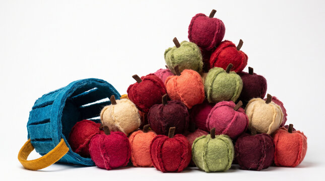 Pile of colorful felt apples next to a blue basket on white background  
