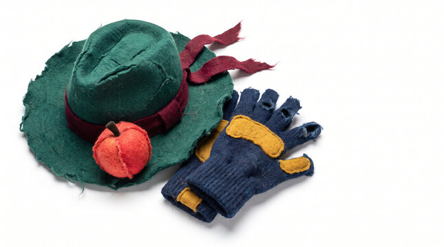 Gardening hat and gloves for apple picking in vibrant colors  