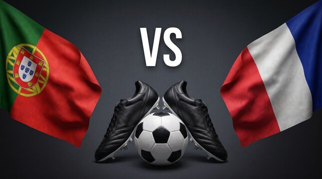 Portugal versus France soccer match featuring professional black leather cleats and a classic white ball against dark gray studio background