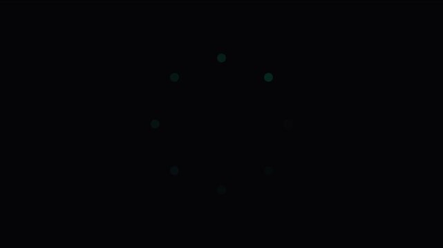 Minimalist loading spinner animation with glowing teal dots on 4k black background, progress indicator