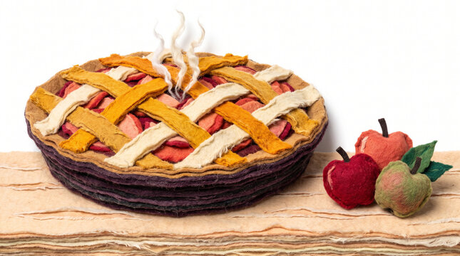 Felt apple pie with steam cooling on a wooden surface  