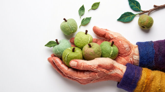 Elderly hands holding freshly picked green apples with leaves  