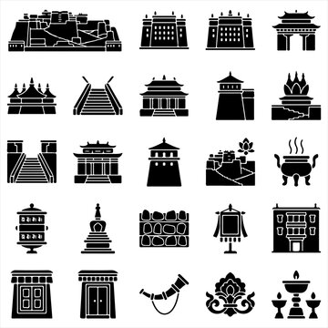Set of black silhouette icons depicting historic tibetan architecture monasteries palaces stupas cultural symbols with monastery icon palace silhouette historic building asian culture religion ico