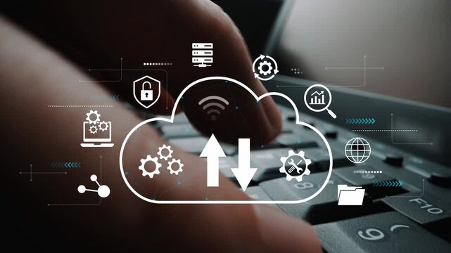 Close-Up of a Keyboard with Cloud Computing Icons and Data Transfer Symbols Representing Modern Technology and Digital Connectivity. Entropy.