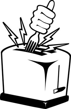 illustration of a hand hold a fork in a toaster with electricity zapping out
