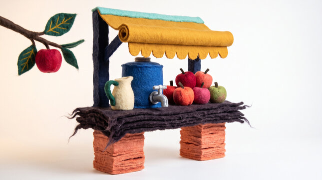 Colorful apple cider stand with felt decorations and fruits displayed  