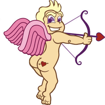 cartoon illustration of cupid with a mischievous look on his face and a tattoo of a heart on his bum