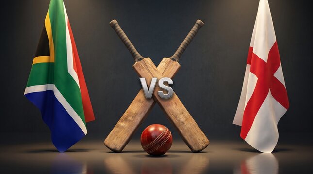 Wooden cricket bats crossed behind metallic text with South African and English flags standing on dark floor for sports competition