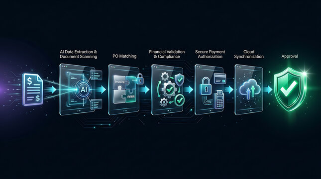 Digital financial workflow process showing automated document