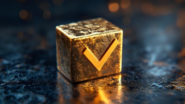 Metallic gold cube with glowing checkmark symbol on dark textured