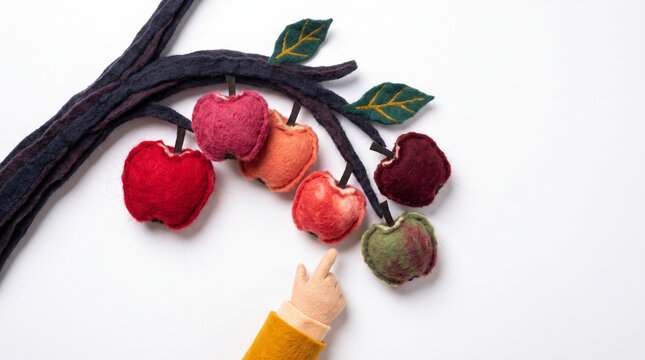 Felt apple tree with colorful apples and child's hand reaching  