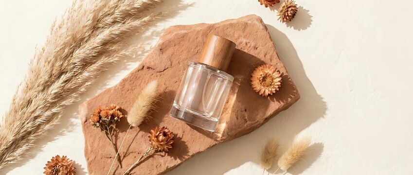 Flat lay composition featuring clear glass perfume bottle on cork