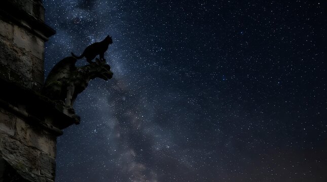 Gargoyle statue perched on stone ledge against starry night sky