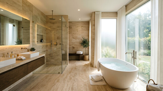 A contemporary bathroom showcases a minimalist design with dual sinks, a large mirror, and a large soaking tub overlooking a garden.
