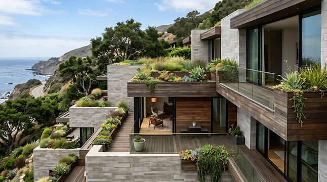 Modern hillside residence featuring extensive green roofs and terraced balconies overlooking the ocean.