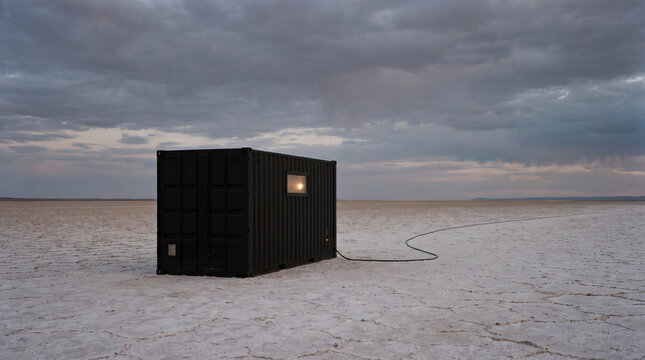 Solitary Container in Barren Landscape: A stark, dark container unit sits isolated on a desolate, cracked earth terrain under a dramatic, overcast sky.