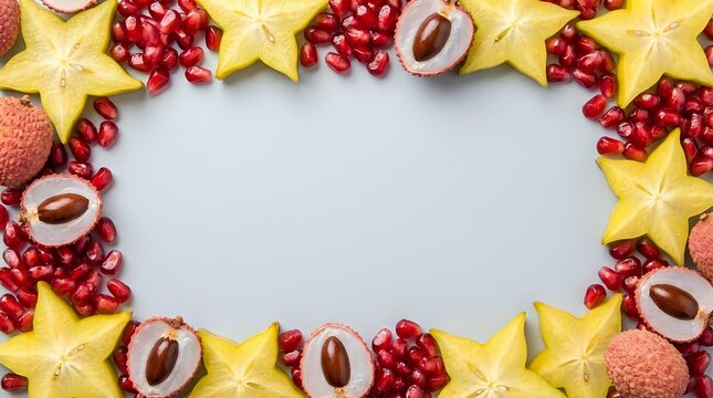 Flat lay frame of star fruit slices, pomegranate seeds, and lychee
