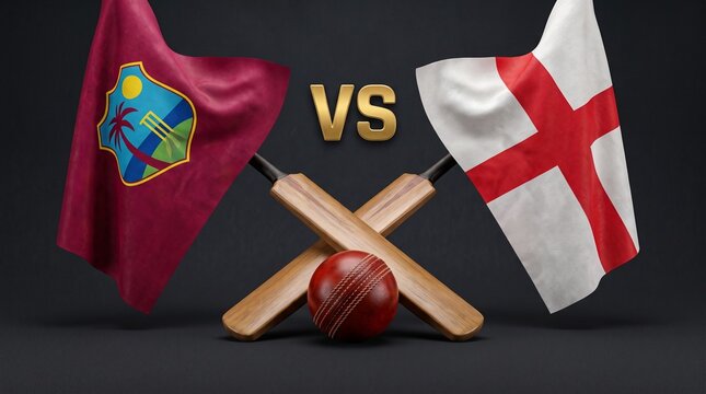 West Indies versus England cricket match concept featuring two wooden cricket bats crossed behind a leather ball and national flags